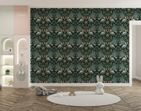 Vintage green wallpaper with seamless floral patterns