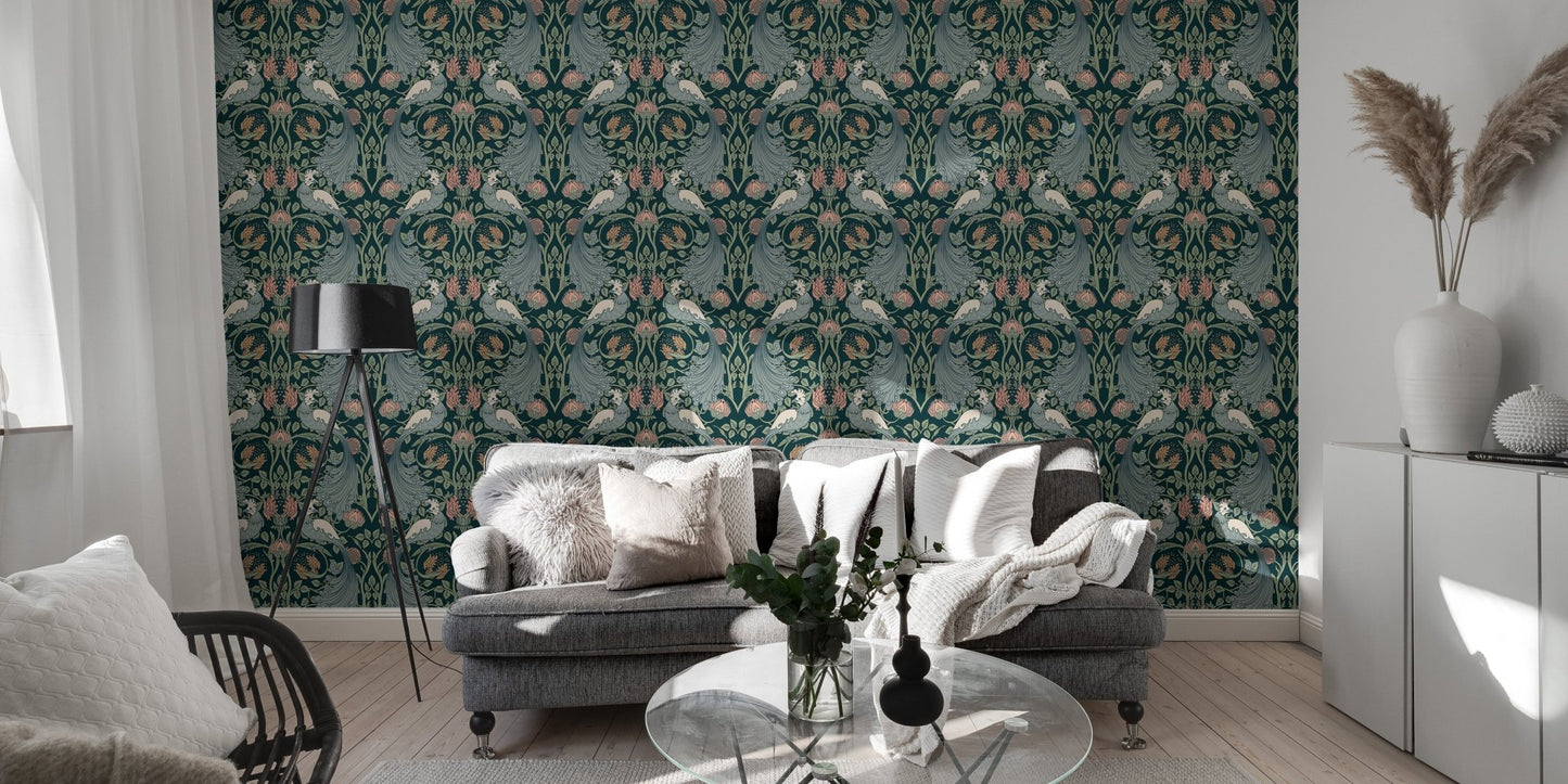 Green vintage wallpaper with intricate flower designs