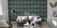 Green vintage wallpaper with intricate flower designs
