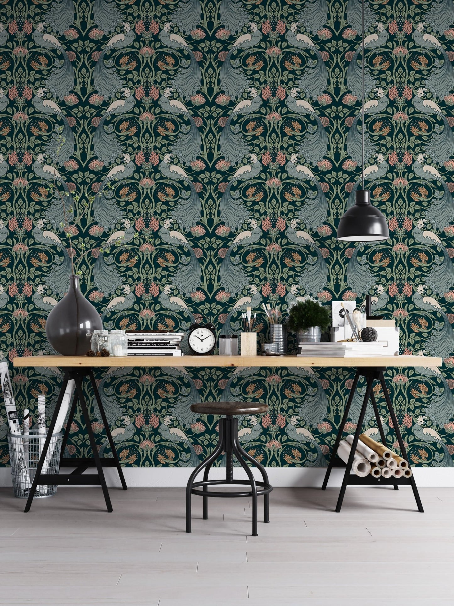 Seamless pattern wallpaper with green floral elegance