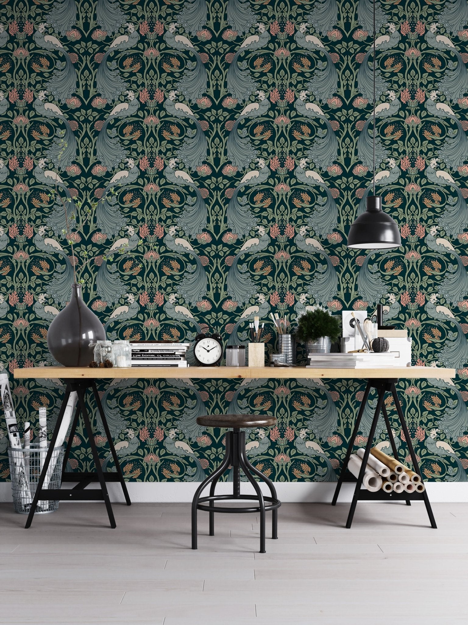 Seamless pattern wallpaper with green floral elegance