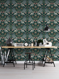 Seamless pattern wallpaper with green floral elegance