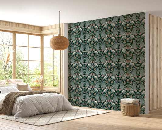 Timeless green floral wallpaper with vintage charm for bedroom interior.