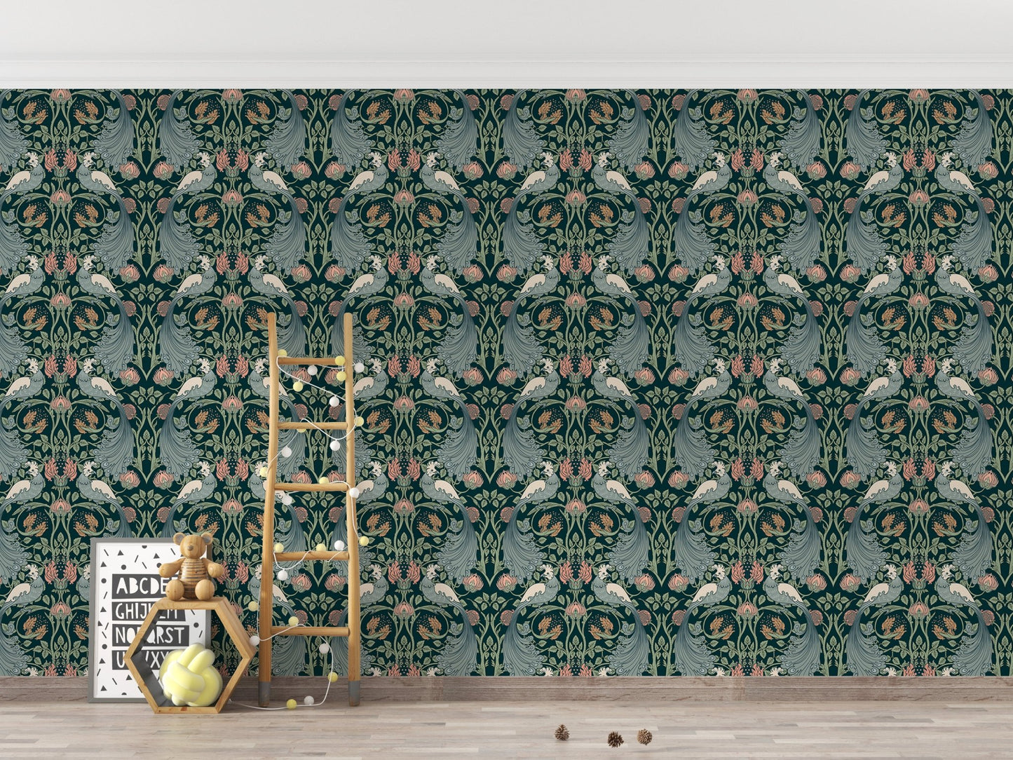 Green floral vintage wallpaper for timeless decor