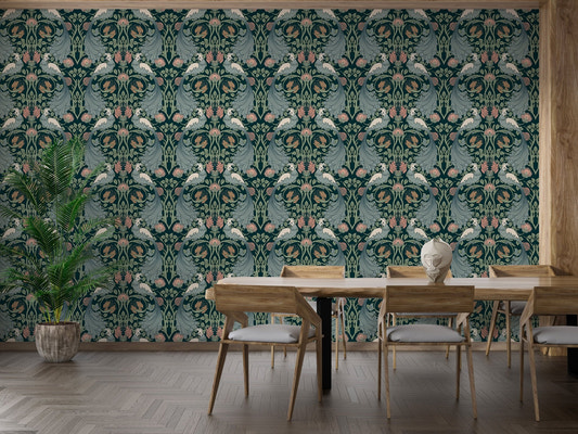 Beautiful floral wallpaper with vintage green tones for dining room.