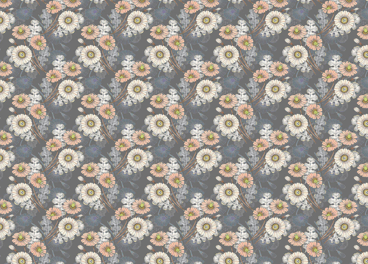 Bouquet Decorative Flowers Drawing Gray Wallpaper in your room — zoomed