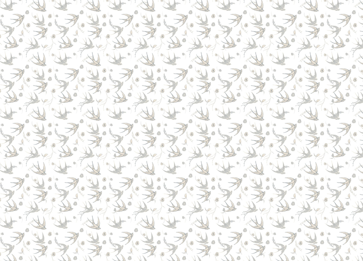 Swallow Birds and Flower Elements White Background Wallpaper