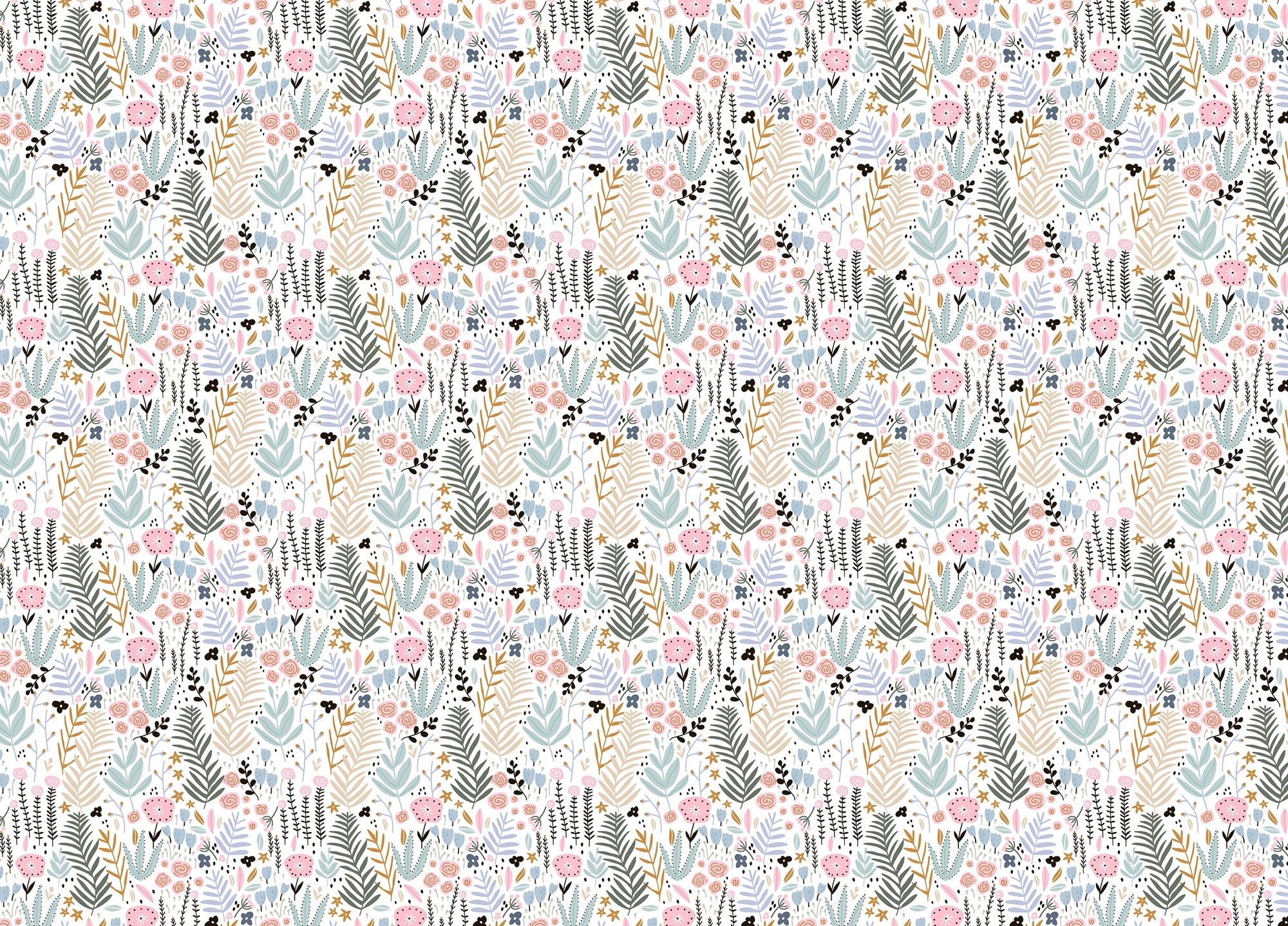 Colorful Leaves and Flower Repeat Pattern Wallpaper