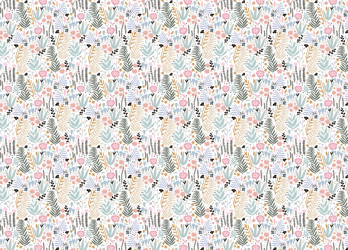 Colorful Leaves and Flower Repeat Pattern Wallpaper in your room — zoomed