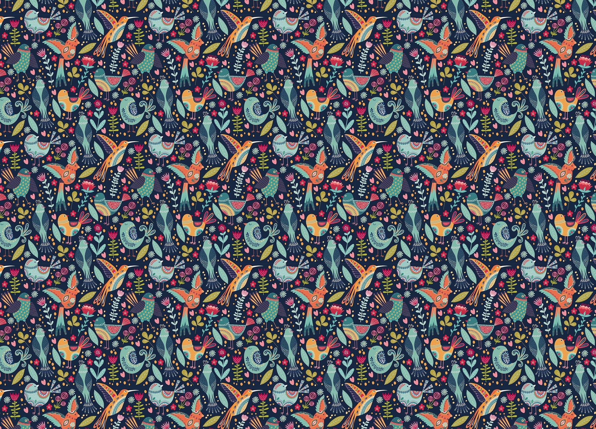Cute Cartoon Colorful Folk Birds and Flower Wallpaper
