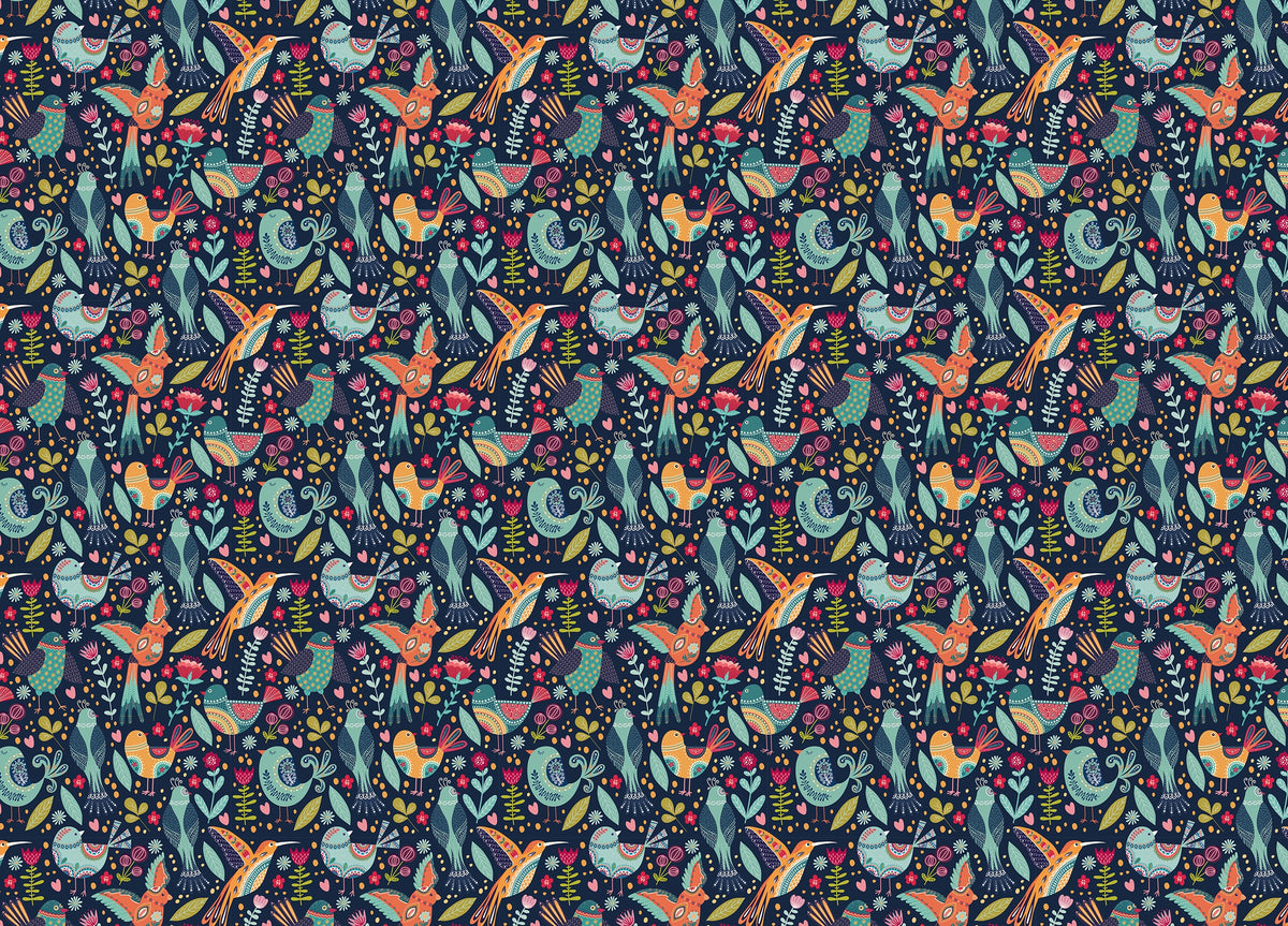 Cute Cartoon Colorful Folk Birds and Flower Wallpaper in your room — zoomed