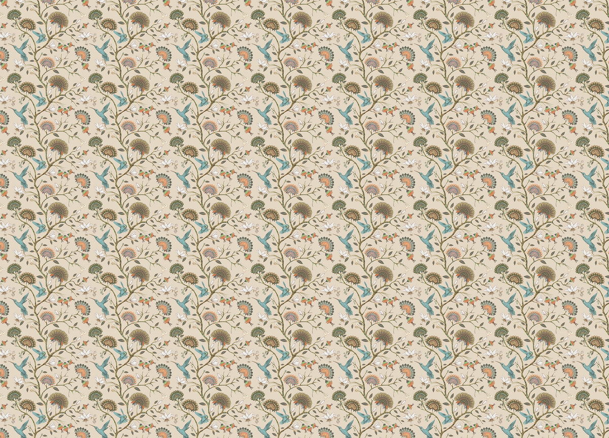 Stylized Flowers and Humming Birds Blossom Garden Wallpaper in your room — zoomed