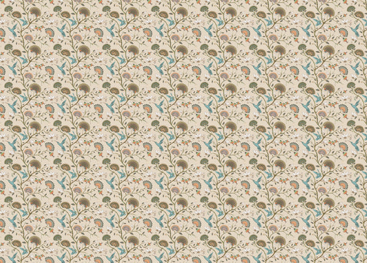 Stylized Flowers and Humming Birds Blossom Garden Wallpaper