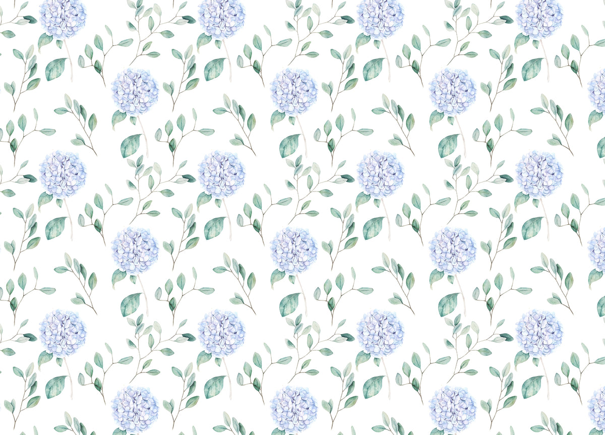 Watercolor Hortensia Flowers and Branches Wallpaper in your room — zoomed
