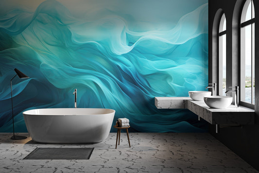 Ethereal turquoise fabric patterns on a large abstract wall mural.
