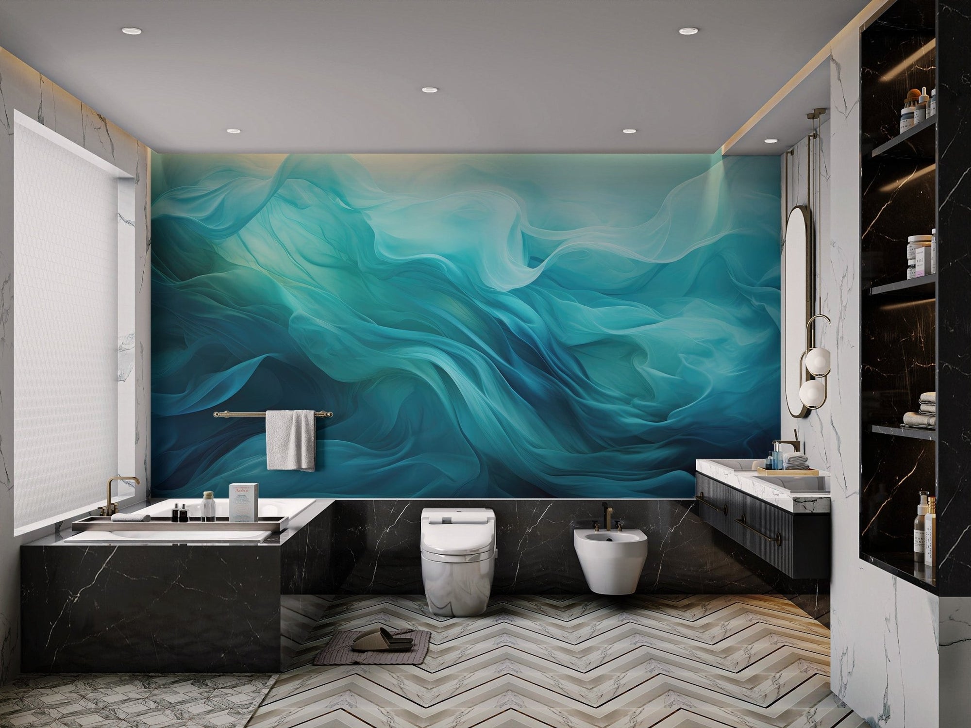 Flowing silk waves in fluid cyan abstract wallpaper for modern interiors.
