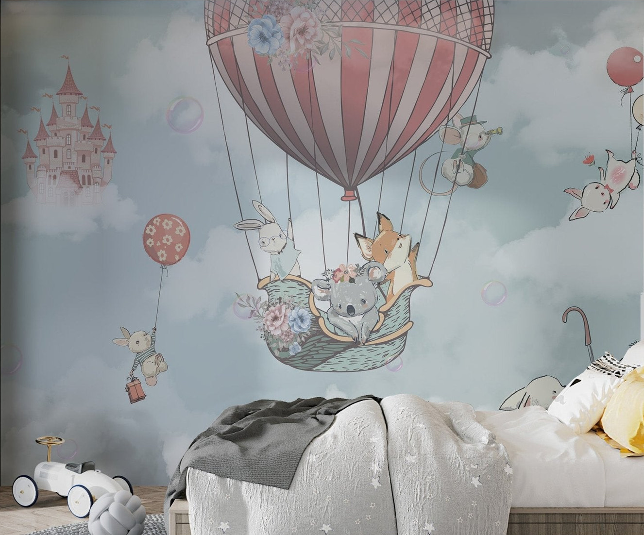 Kids' bedroom wall mural with cute animals and balloons