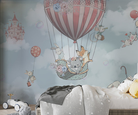Kids' bedroom wall mural with cute animals and balloons