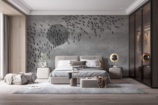 Flying Birds Gray Tone Wall mural behind a beige bed in a modern master bedroom.