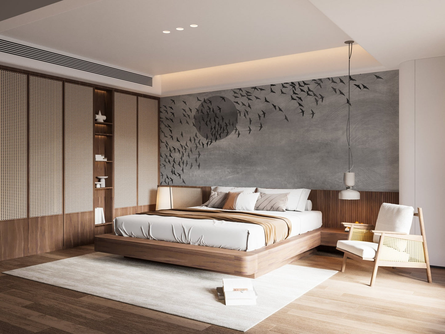 Flying Birds Gray Tone mural as a feature wall in a bedroom with wooden panels.