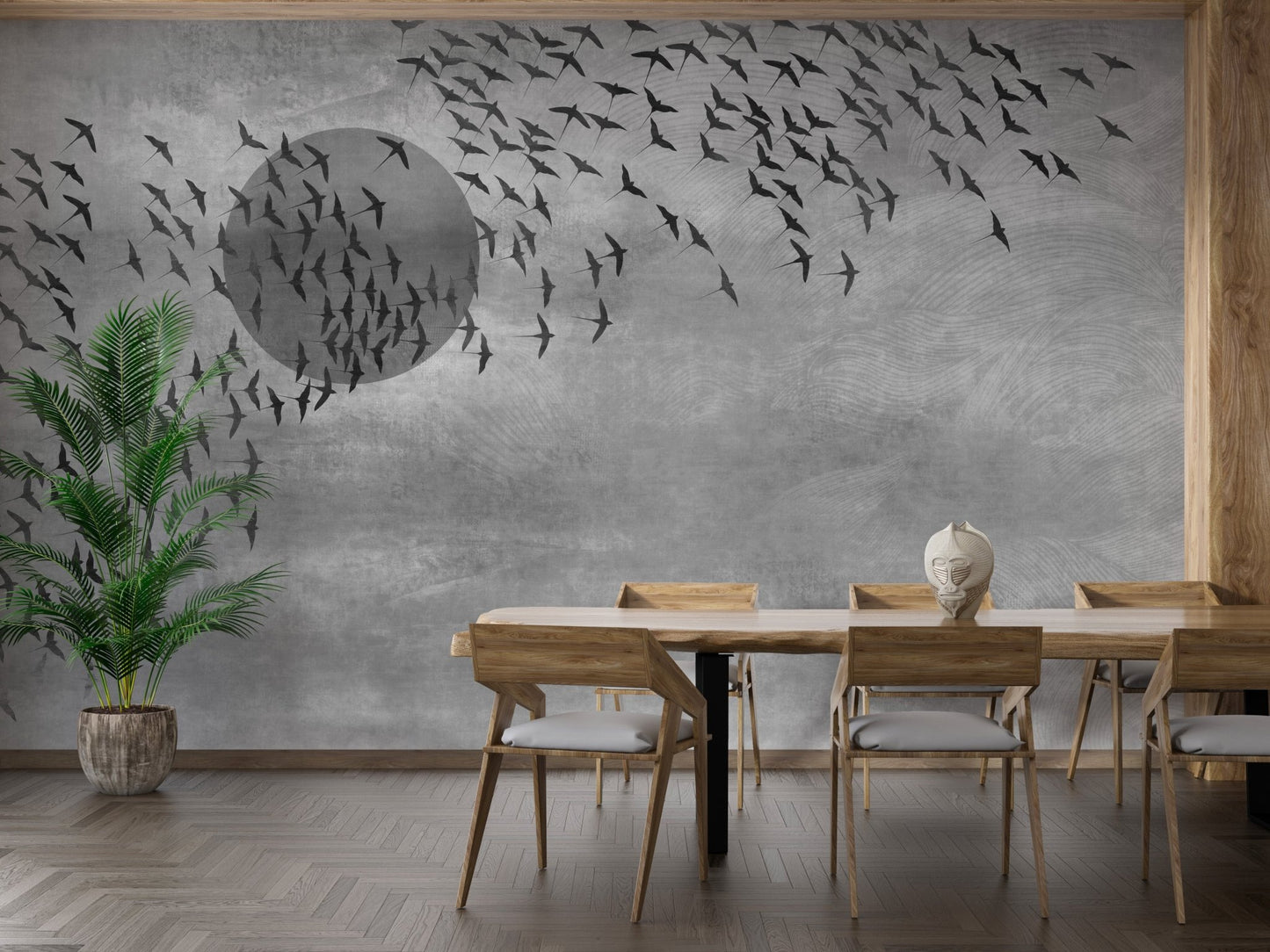 Grey stone effect wall mural with bird flock in a dining room with wooden furniture.