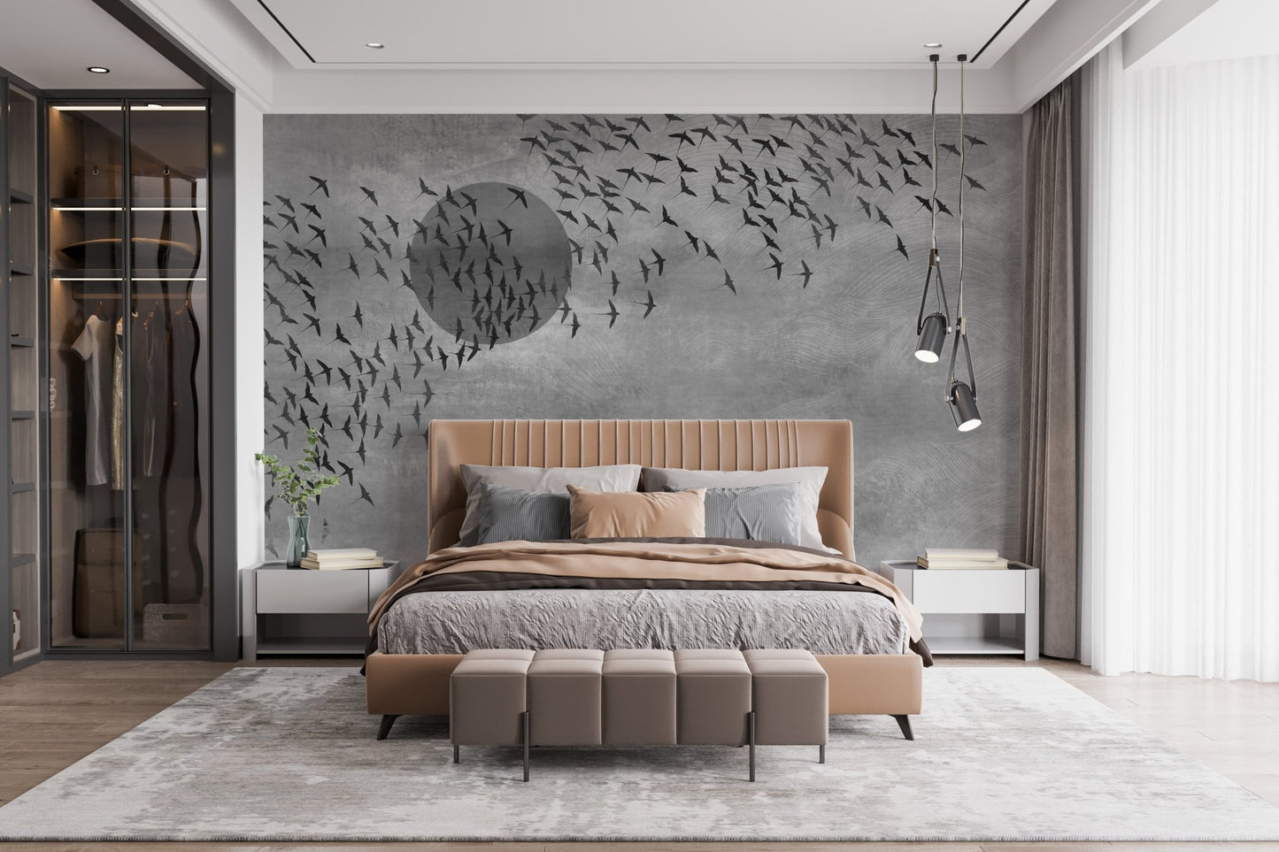Grey textured wall mural with black bird silhouettes in a spacious bedroom layout.