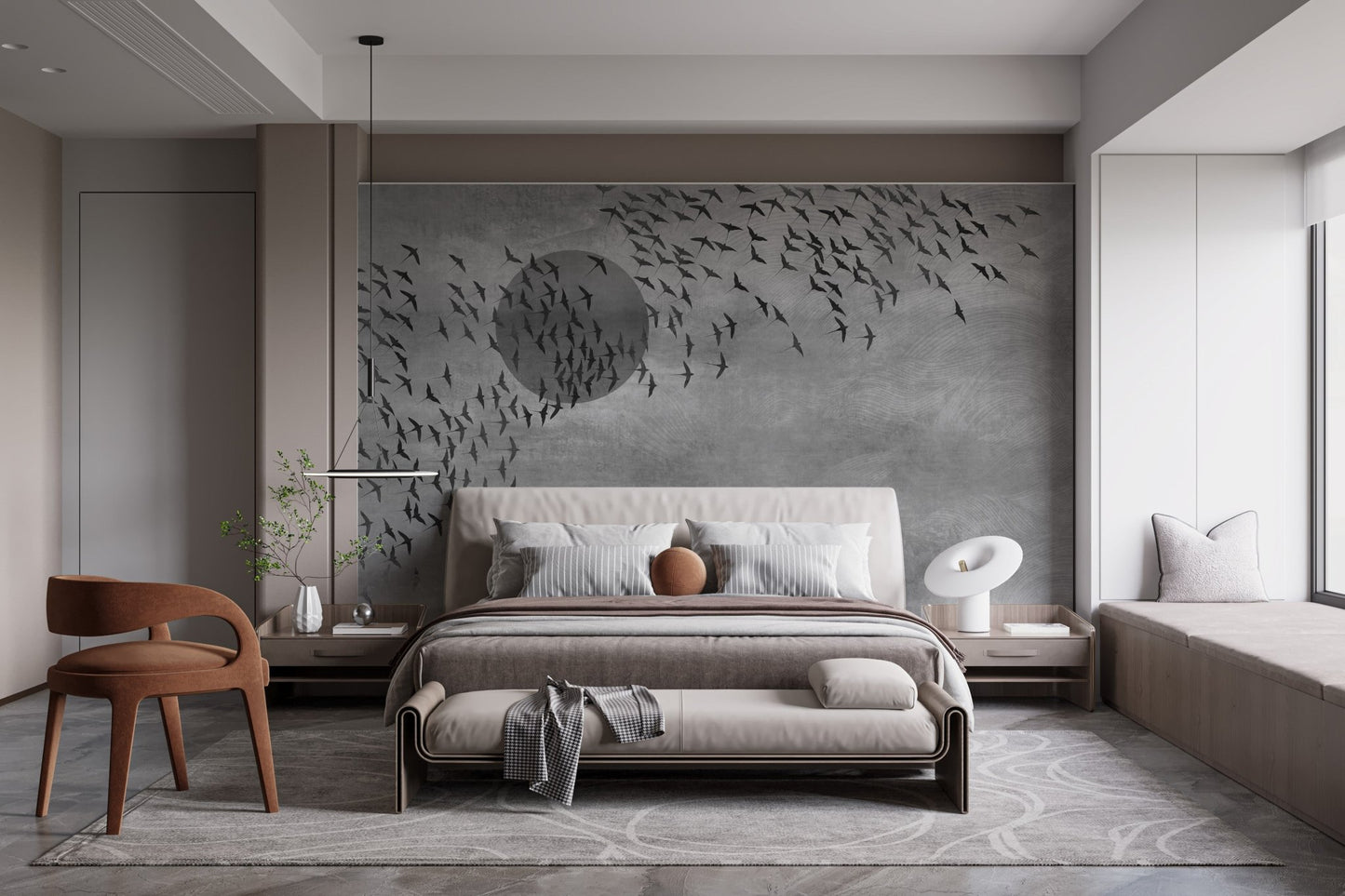 Bird silhouette wall mural in a modern bedroom with a dark wood chair and large window.