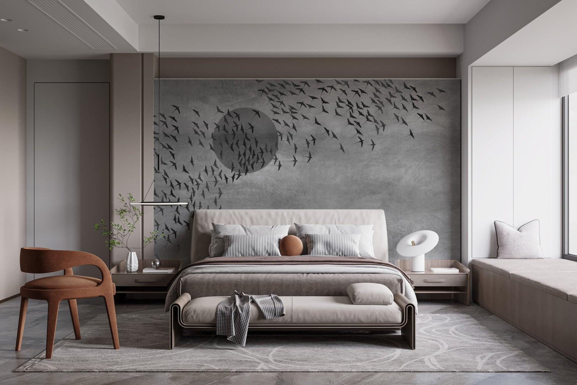 Bird silhouette wall mural in a modern bedroom with a dark wood chair and large window.