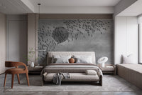 Bird silhouette wall mural in a modern bedroom with a dark wood chair and large window.