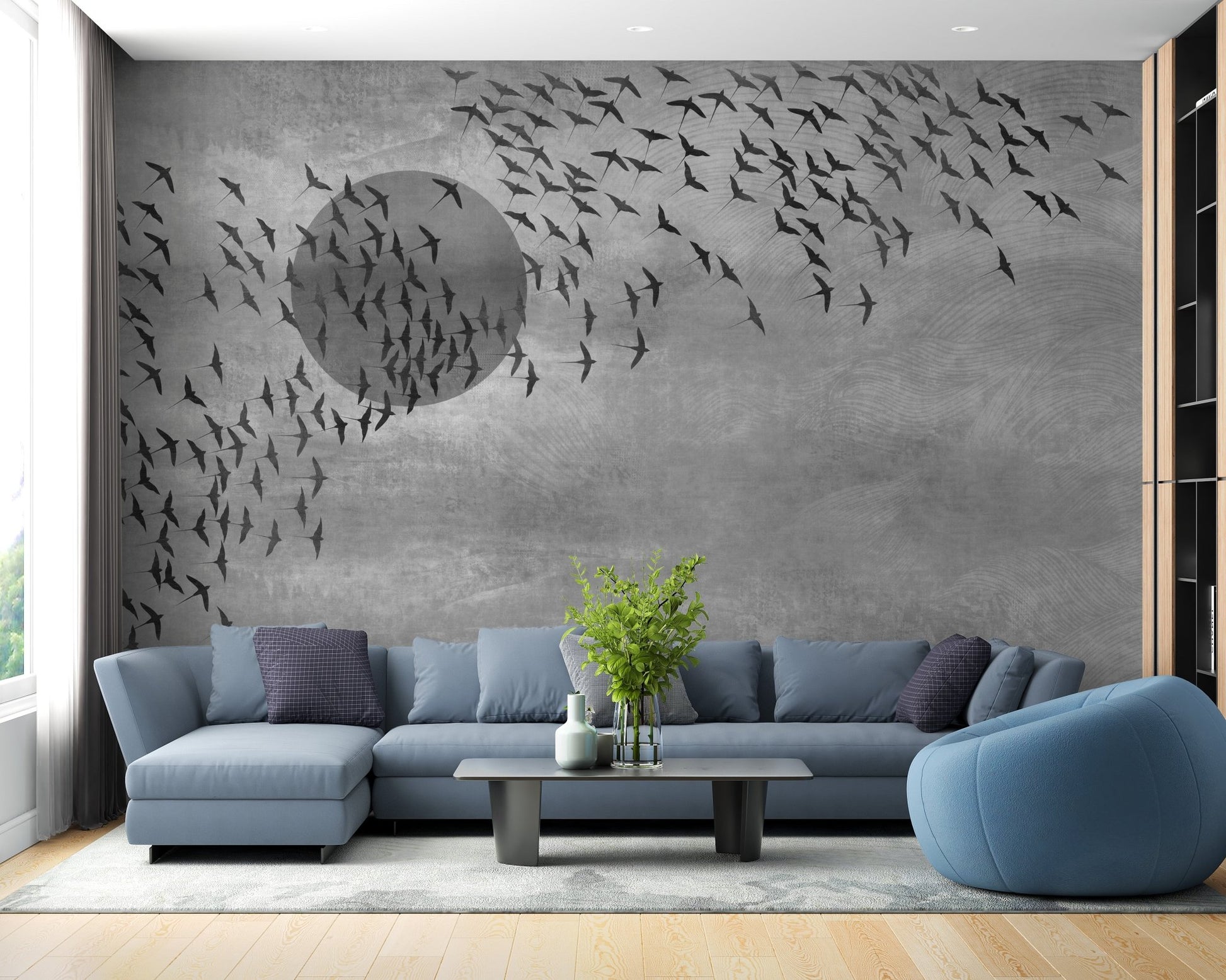 Flying Birds Gray Tone Wall mural in a bright living area with a blue sectional sofa.