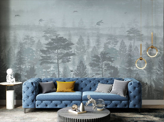 Adhesive wall mural with flying birds and jungle forest in bright hallway.