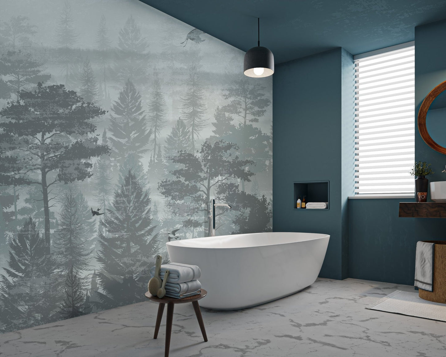 Jungle mural with flying birds and forest flowers in modern bathroom.