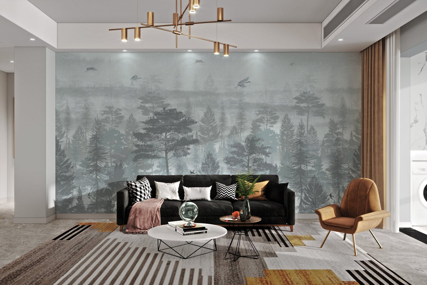 Misty pine forest mural for a contemporary apartment feature wall.
