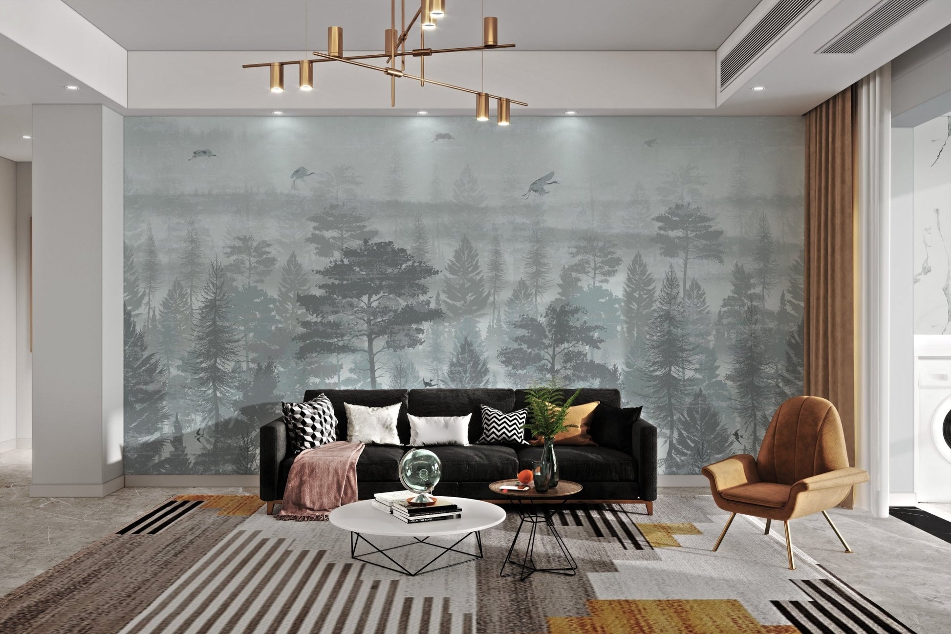 Misty pine forest mural for a contemporary apartment feature wall.