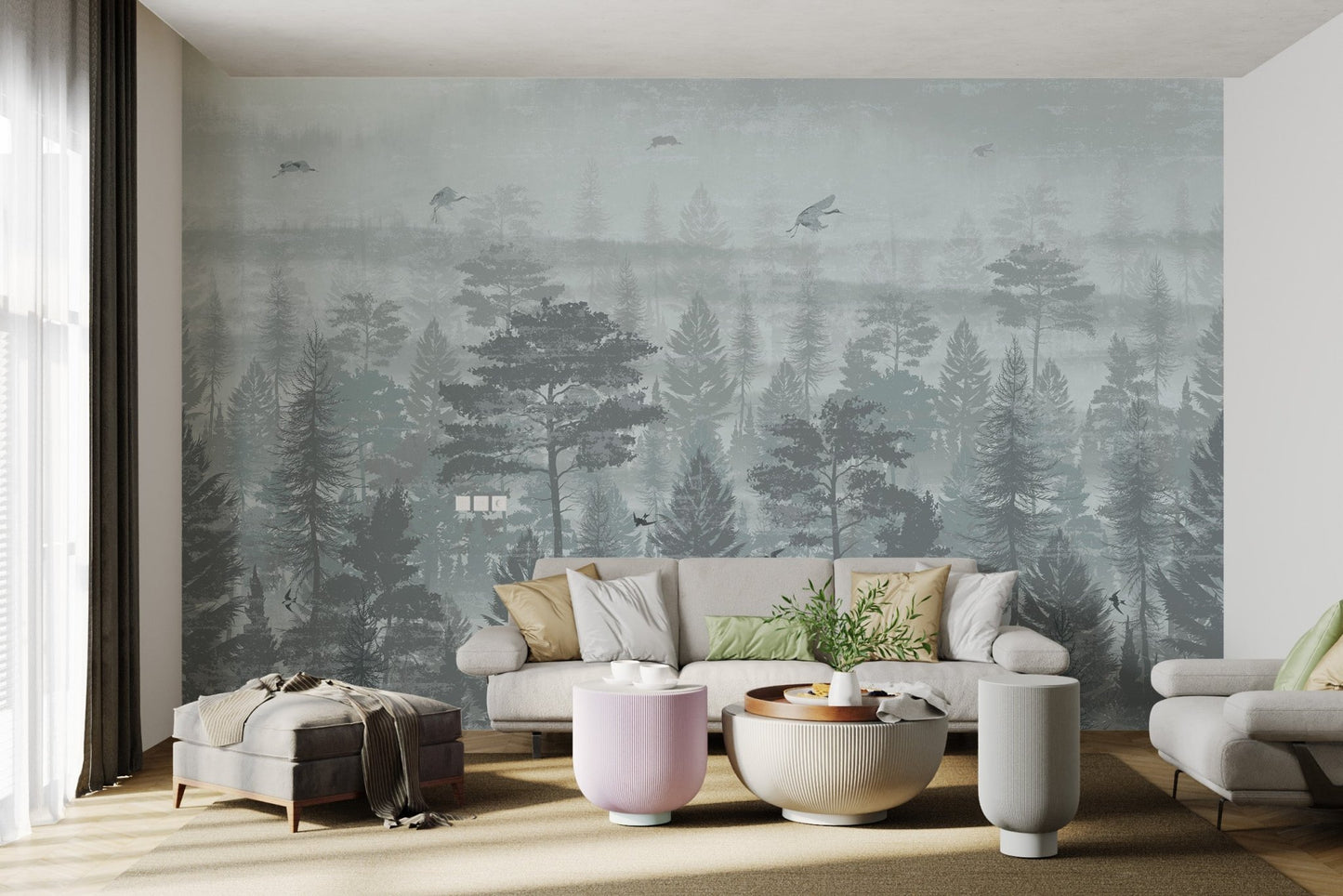 Grus birds and floral forest wall mural in open plan living area.