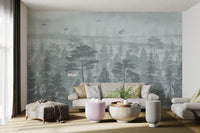 Grus birds and floral forest wall mural in open plan living area.