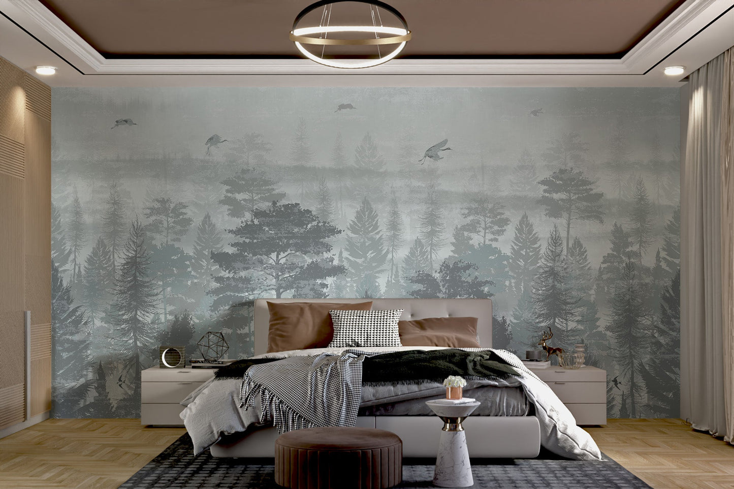 Large scale monochrome forest wall mural with botanical jungle details.