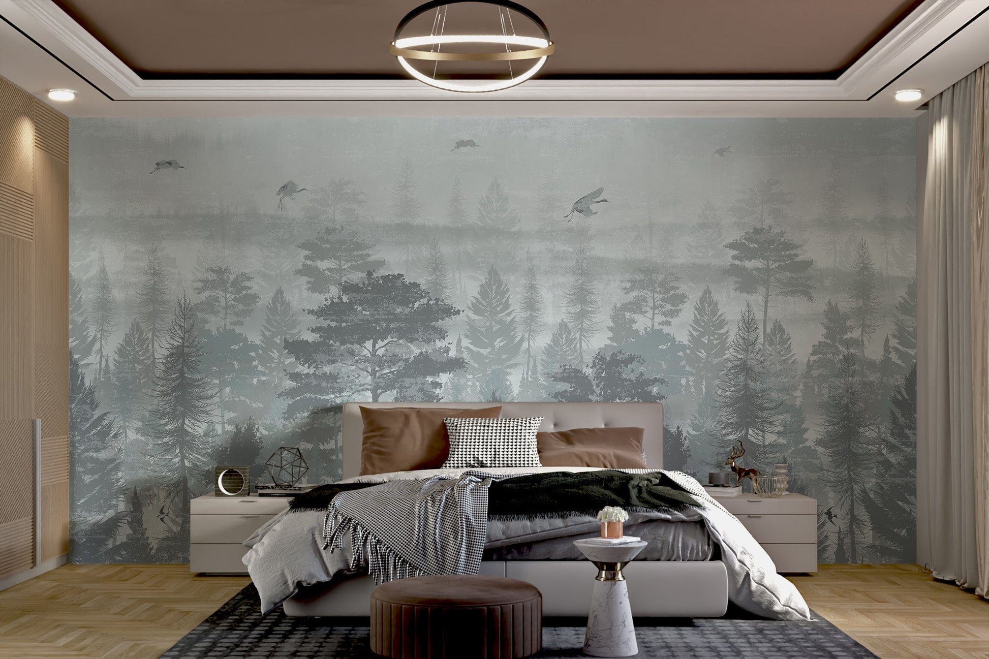 Large scale monochrome forest wall mural with botanical jungle details.