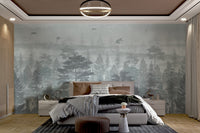 Large scale monochrome forest wall mural with botanical jungle details.