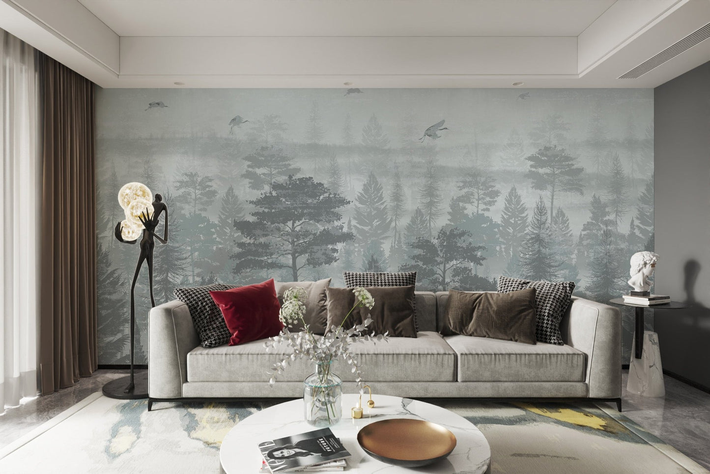 Grus birds in a floral jungle adhesive wall mural for living room.