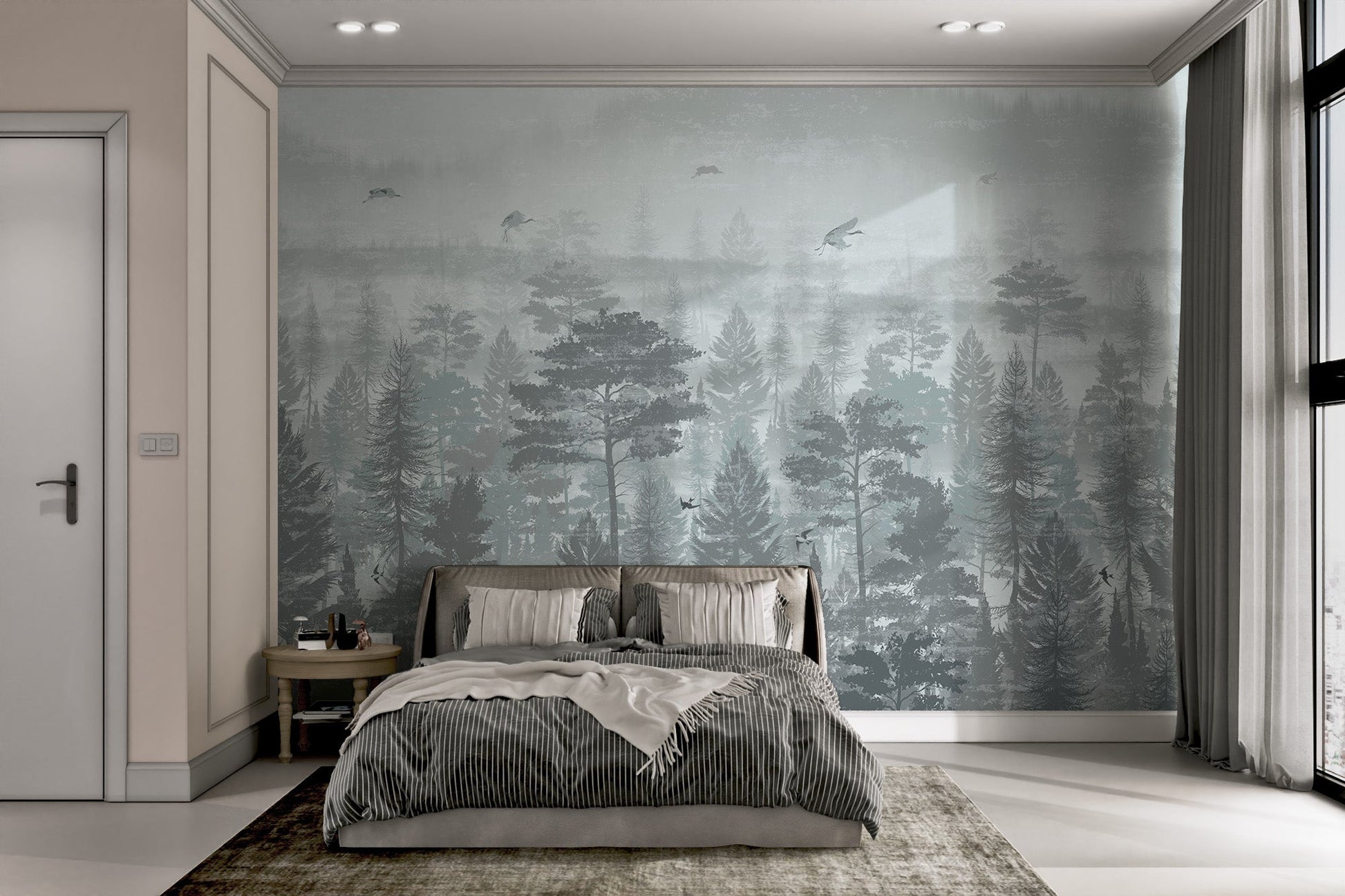 Flying birds and forest flowers jungle wall mural in bright bedroom.