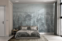 Flying birds and forest flowers jungle wall mural in bright bedroom.