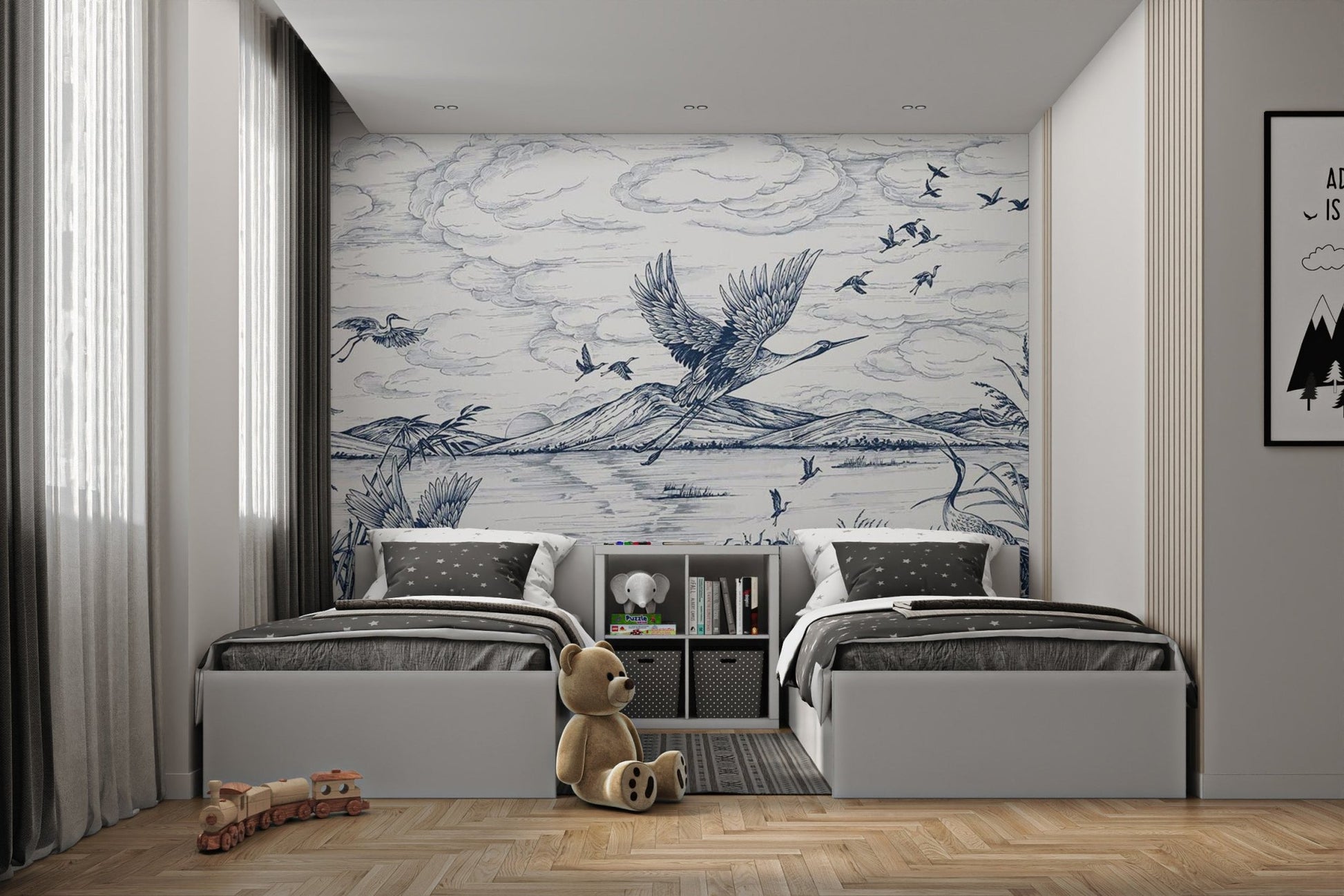Vintage sketch bird and mountain lake wall mural for twin bedroom interiors.