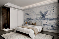 Monochrome blue flying birds wall mural for master bedroom