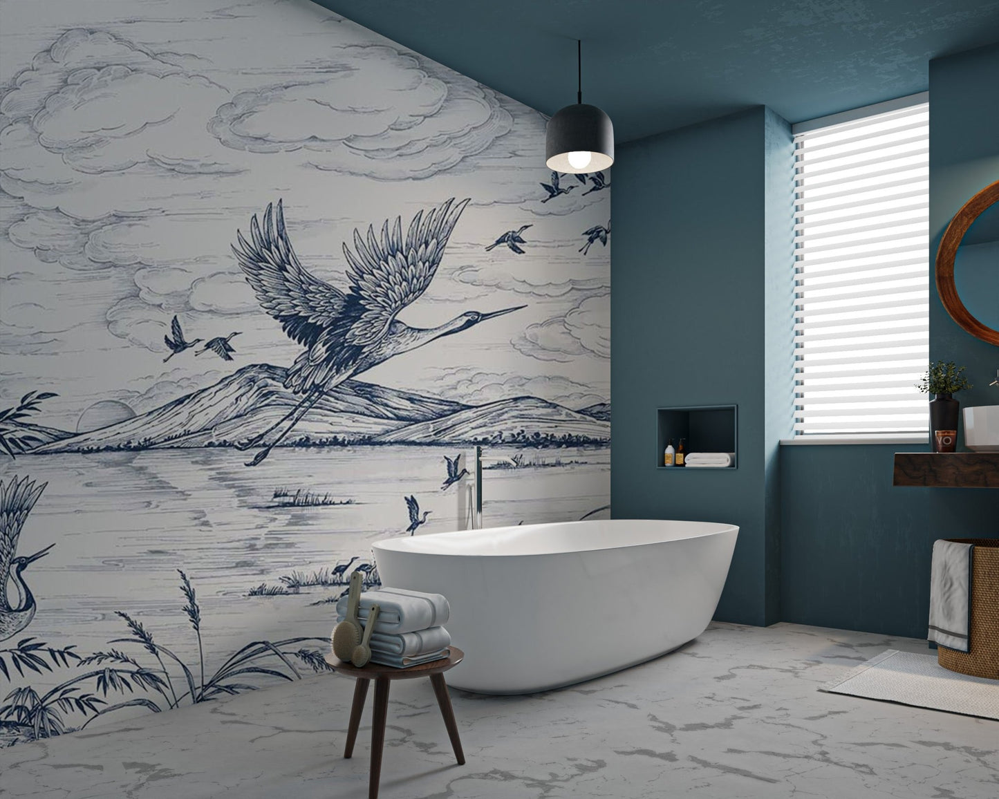 Vintage style blue heron bird wall mural for contemporary bathroom.