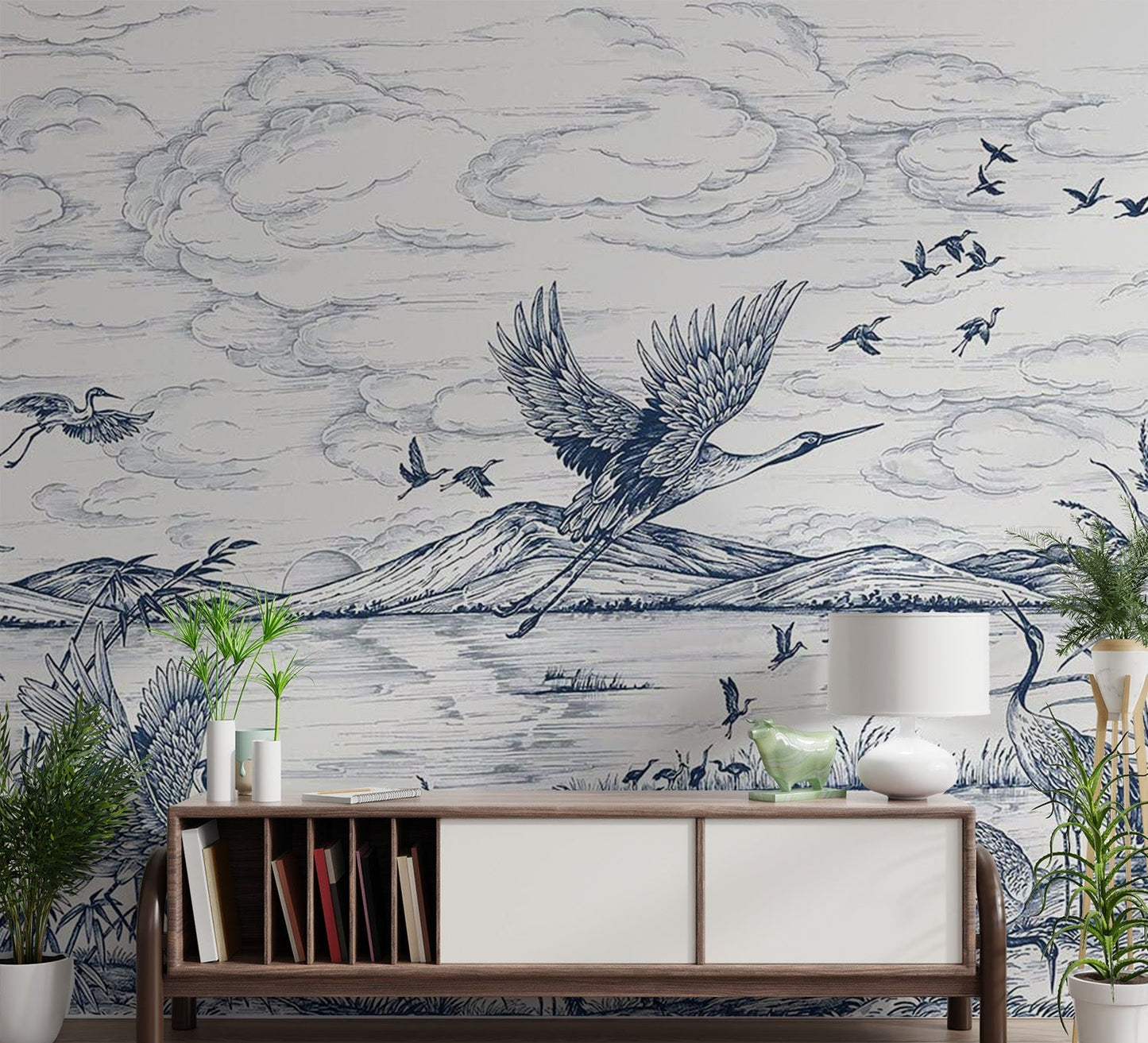 Blue waterside flying bird illustration wall mural for apartment hallways.