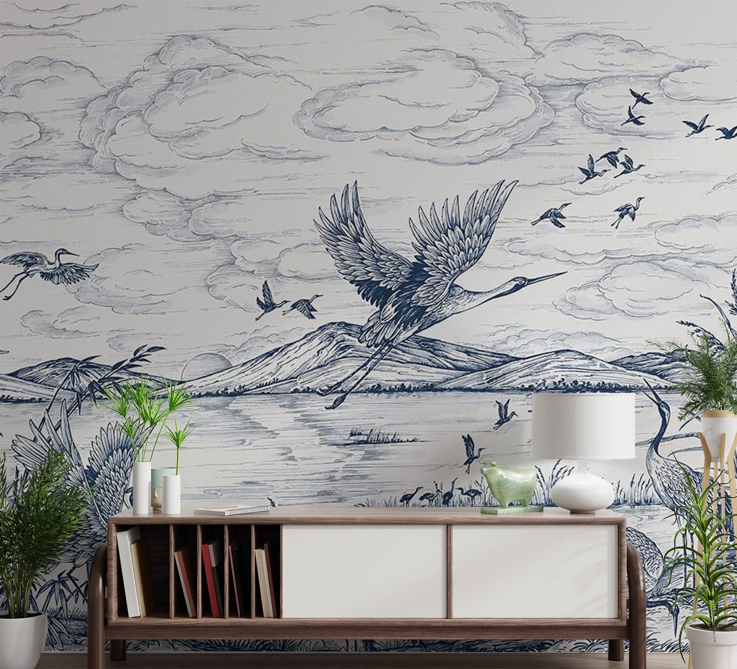 Blue waterside flying bird illustration wall mural for apartment hallways.