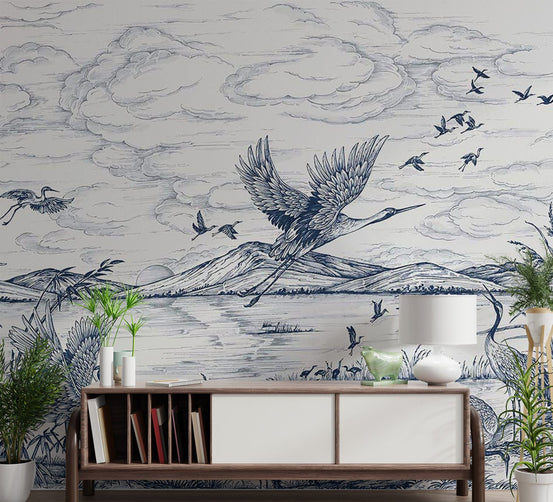 Blue waterside flying bird illustration wall mural for apartment hallways.