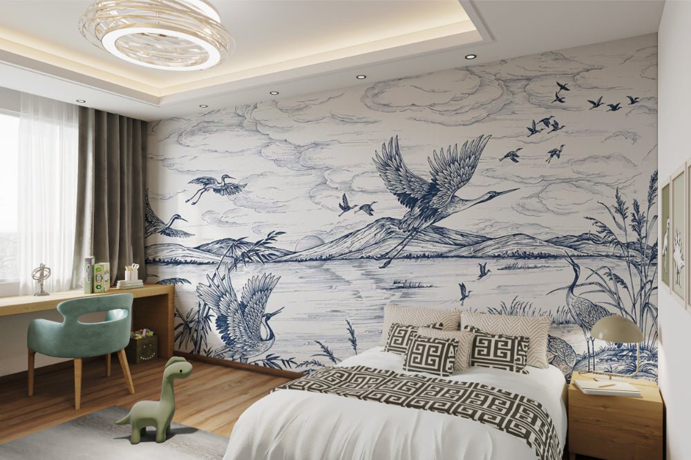 Flying Birds Lakeside Wall Mural in blue sketch design for kids bedroom.