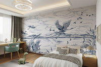 Flying Birds Lakeside Wall Mural in blue sketch design for kids bedroom.